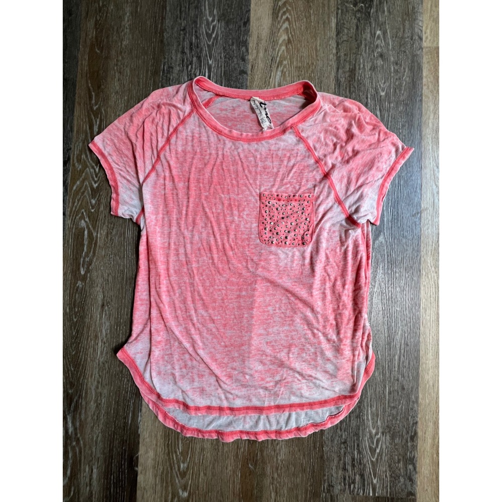 Seven7 T-Shirt Women Large Pink Studded Pocket Burnout Raglan Short Sleeve